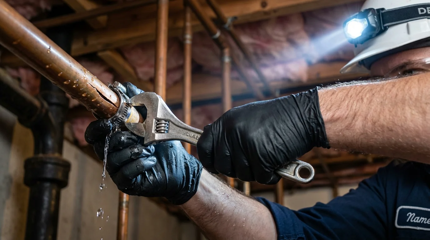 Emergency pipe clamp repair being performed by a Johns Plumbing LLC plumber in Crest Hill