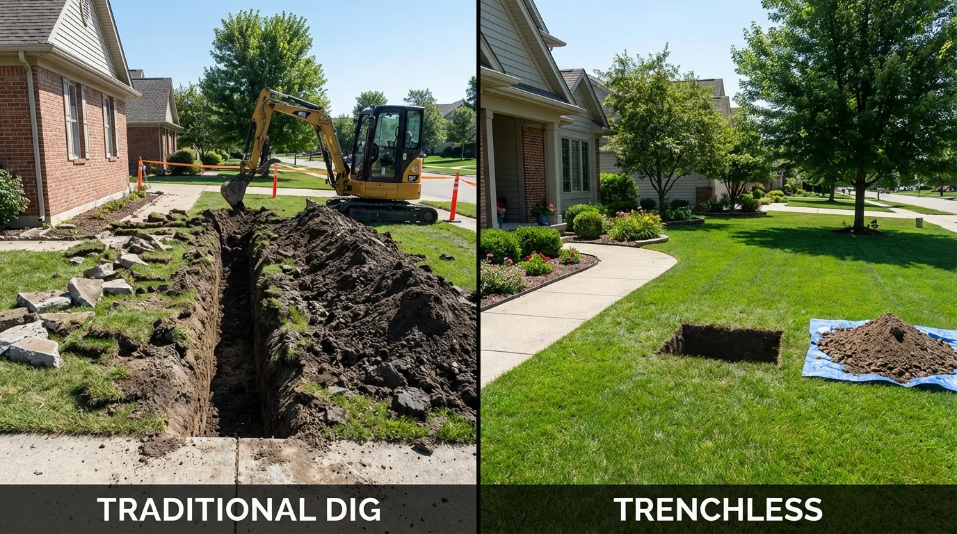 Trenchless sewer repair with minimal yard damage versus traditional excavation in Crest Hill, IL