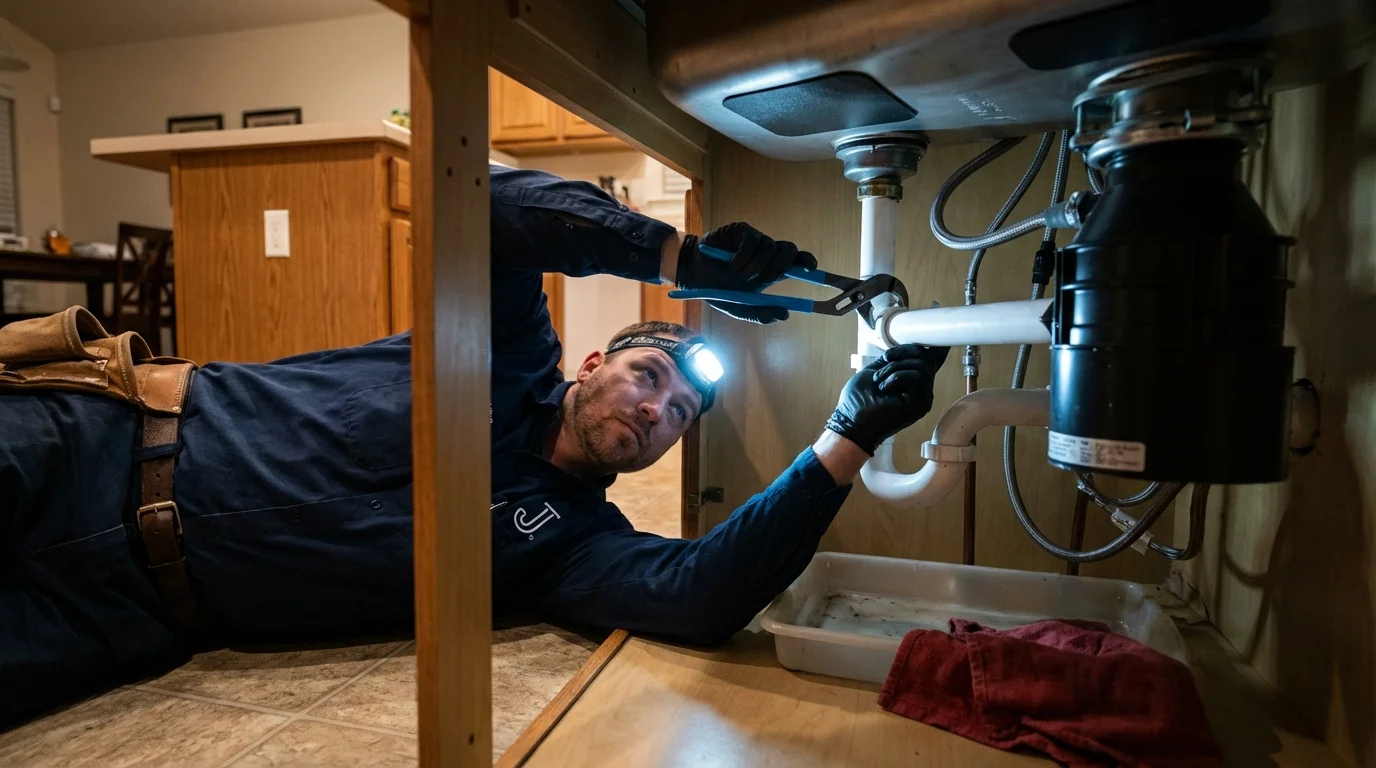 P-trap and supply line connections under a kitchen sink showing a common leak point in Crest Hill, IL